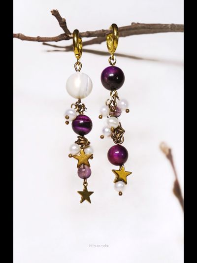 &quot;Звёздные маячки&quot;, асимметричные серьги с жемчугом, тигровым глазом и флюоритом
