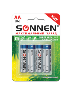 Батарейки SONNEN Super Alkaline, АА (LR06, 15А), алкалиновые, КОМПЛЕКТ 4 шт., в блистере, 451094