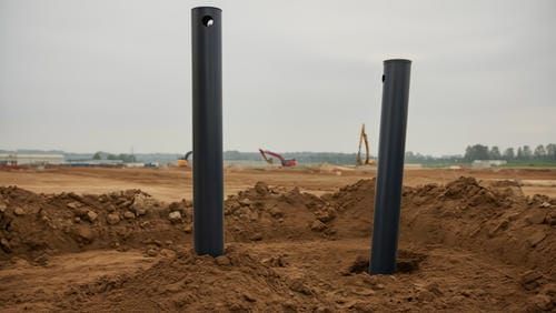 Рядом стоят две винтовые сваи &mdash; одна закручена ровно, вторая с заметным отклонением от вертикали