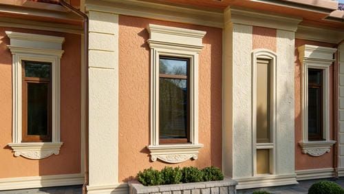 Фасадные полиуретановые наличники на окнах загородного дома