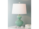 Настольная лампа c бирюзовым основанием и белым абажуром.