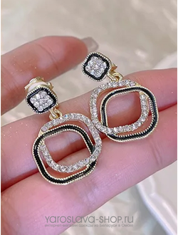 Модель : АЛ-342.Клипсы квадрат в квадрате со стразами