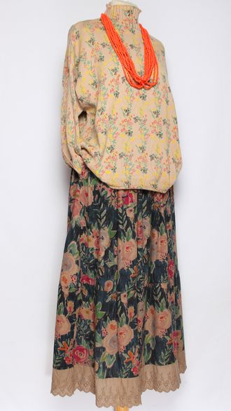 ЮБКА Бохо "Вареный хлопок кружево" синяя до р.52