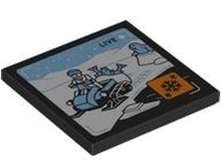 Tile 4 x 4 with 'LIVE' Broadcast with Bright Light Blue Snowmobile, Fish, Seal and Sky, White Ground and Mountains, Orange Icon with Black Snowflakes Pattern, Black (1751pb049 6530115)