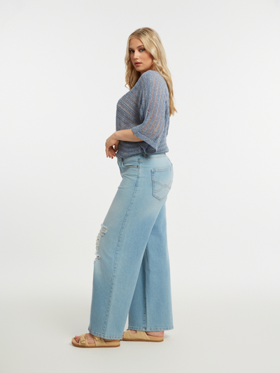 Джинсы straight голубые с эффектом рваных