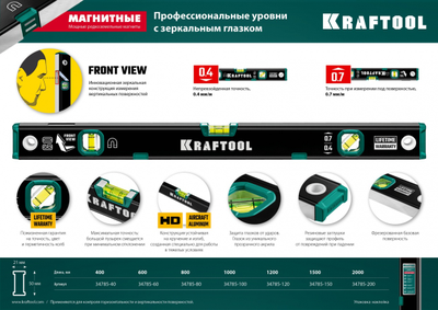 Магнитный уровень KRAFTOOL 600 мм, усиленный профиль, с зеркальным глазком