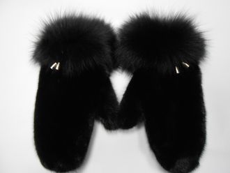 Варежки, рукавицы норковые женские натуральный мех норка опушка песец черные Арт. вно-009