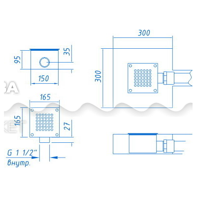 Донный слив универсальный из нерж. стали Акватехника 165х165 мм, 1 1/2" внутр.