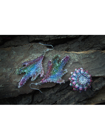 Комплект украшений из серёжек-крылышек и цветочка-кольца "Галлициниум, фея Рассветного Сада"