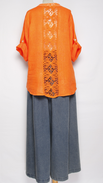 РУБАШКА ЛЁН "КРУЖЕВО НА СПИНЕ"  красная, оранжевая р.46-52