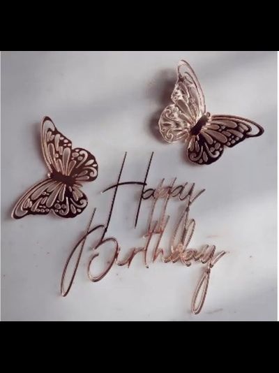 Топпер акриловый Happy Birthday №18 с бабочками (роз. золото)