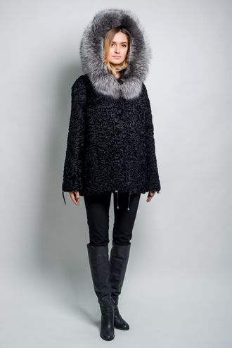 Женская шуба куртка Автоледи натуральный мех каракуль  с капюшоном, зимняя, черная арт. ц-006