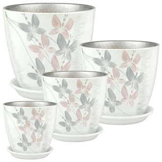 Комплект керамических цветочных горшков белого цвета с серо-розовым рисунком "бабочки"
