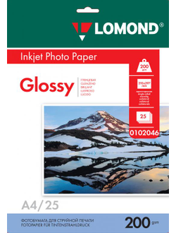 Односторонняя Глянцевая фотобумага Lomond для струйной печати, A4, 200 г/м2, 25 листов.
