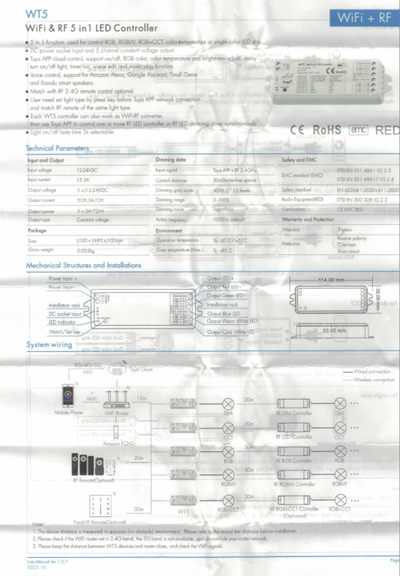 Контроллер WT5 4L-WIFI-TUYA 15A 12-24V (WiFi, 2.4G, TUYA, 12-24V, 5CH, 15A, 180-360W)