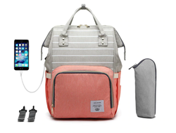 СУМКА-РЮКЗАК ДЛЯ МАМЫ LEQUEEN С USB (серый-коралловый, полоска)