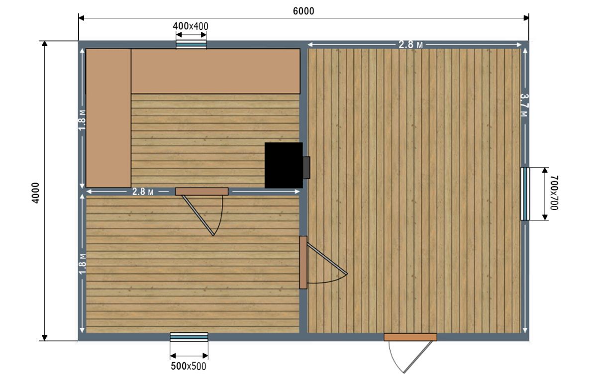 Планировка каркасной бани 6х4 м