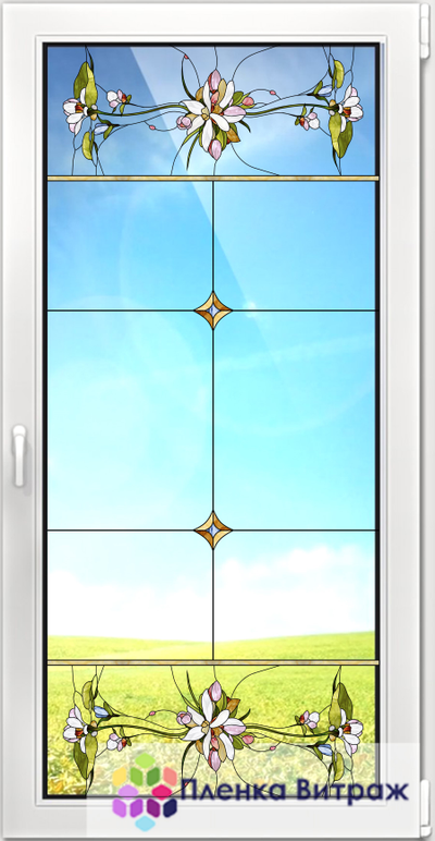Витражная пленка, витражная пленка самоклеющаяся под заказ,пленочный витраж с цветочным рисунком