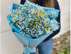 Букет гипсофил с танацетумом "Голубая ромашка"