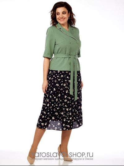 Модель: 2670-3.Комплект с шифоновой юбкой и жакетом в зеленых тонах.