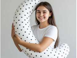 Подушка обнимашка формы Полумесяц С 170 х 30 см био пух с наволочкой cатин сердечки Love