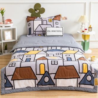 Комплект постельного белья Сатин со стеганым одеялом цвет Домики 100% хлопок OBK011 размер 150*210 см(180*220 см)