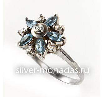 Кольцо из серебра 925 пробы с голубым топазом и цирконами (О-198)