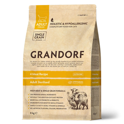 Grandorf (Грандорф) сухой корм для стерилизованных кошек и кастрированных котов 4 мяса с пробиотиками, 8 кг
