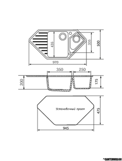 Мойка из искусственного мрамора MIXLINE ML-GM25 угловая двухчашевая с крылом 500*970*200мм