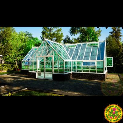 Базовая комплектация теплицы в английском стиле с холлом из стекала и алюминия ИМПЕРИАЛ размером 4000 х 10000 мм
