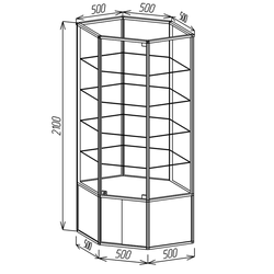 (TSV 18) Витрина пристенная шестигранная, стеклянная, со шкафчиком