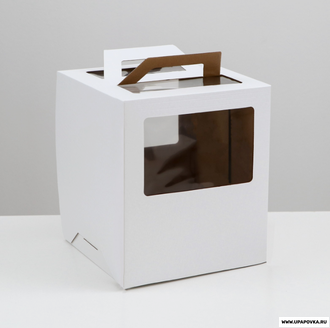 Коробка для торта 2 окна, с ручками, белая, 26 х 26 х 30 см
