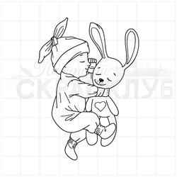 штамп спящий грудничок в обнимку с зайцем