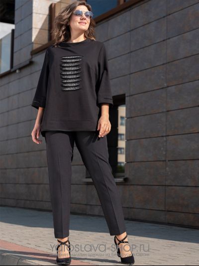 Комплект женский черный: джемпер с серой вставкой и брюки