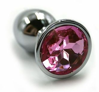 Серебристая алюминиевая анальная пробка с светло-розовым кристаллом small