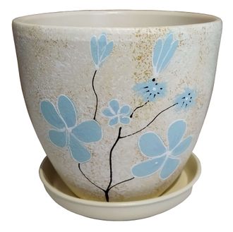 Бежевый с голубыми цветами керамический горшок для домашних растений диаметр 20 см