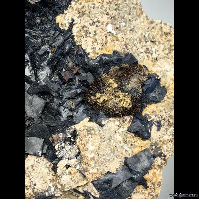 Флюорит и радиально-лучистый гетит на породе. Украина.