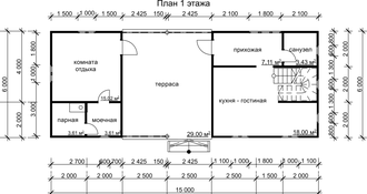 Д-22 ДАЧНЫЙ ДОМ ИЗ БРУСА:ГАБАРИТНЫЕ РАЗМЕРЫ: (15Х6М), ОБЩАЯ ПЛОЩАДЬ: 114М²