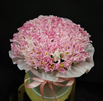 Букет из 99 тюльпанов, розовые тюльпаны, коробки с тюльпанами, тюльпаны поцелуй, цветы любимой