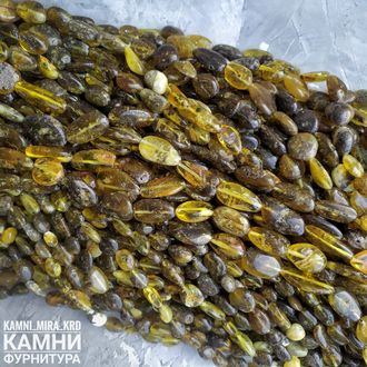 Янтарь лечебный тёмно-зелёный с включениями (мох, тина), оливы фри-форм, размер в ассортименте, цена за нить 20 см