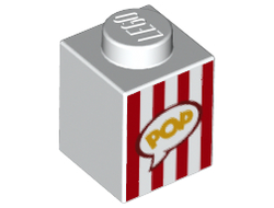 Brick 1 x 1 with Red Vertical Stripes and Yellow 'POP' in Speech Bubble Pattern Popcorn Box, White (3005pb028 / 6187289 / 6253658)