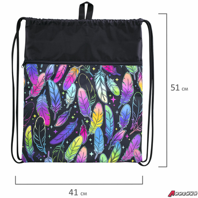 Мешок для обуви BRAUBERG БОЛЬШОЙ, с ручкой, карман на молнии, сетка, 51×41 см, «Feathers». 271057