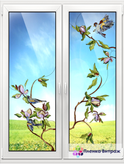 Витражная пленка, витражная пленка самоклеющаяся под заказ,пленочный витраж флора с птицами