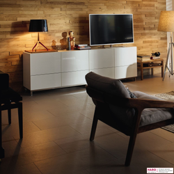 Декор стеновых панелей  Haro Дуб River 535624 в интерьере гостиной