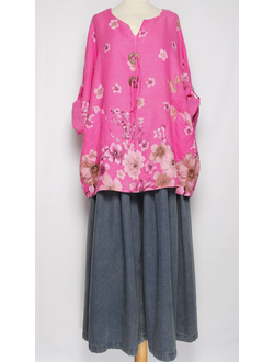 БЛУЗА ЛЁН БОХО "БОЛЬШИЕ ПУГОВИЦЫ" фуксия до р.58