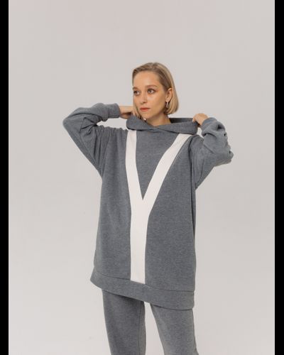 Худи удлиненный c декоративной вставкой (серый меланж) - 48/52