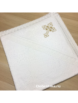Крестильное полотенце (крыжма) с капюшоном или без,  100х100см, широкое кружево, вышитый крест, можно вышить любое имя, цена от