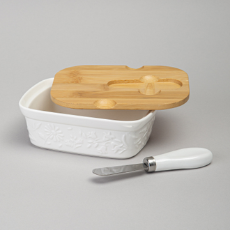 Масленка с деревянной крышкой и ножом для масла "Цветочная история" 15*11*6 см 330 мл