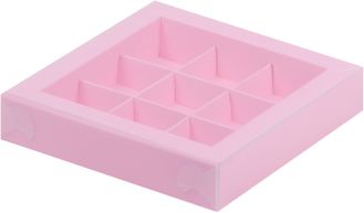 Коробка для 9 конфет с прозр. кр. (розовая), 155*155*30мм