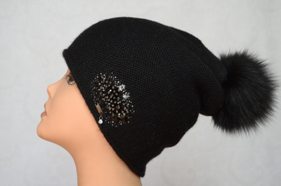 Вязаная женская черная шапка с помпоном и украшениями Vizio Италия 6430